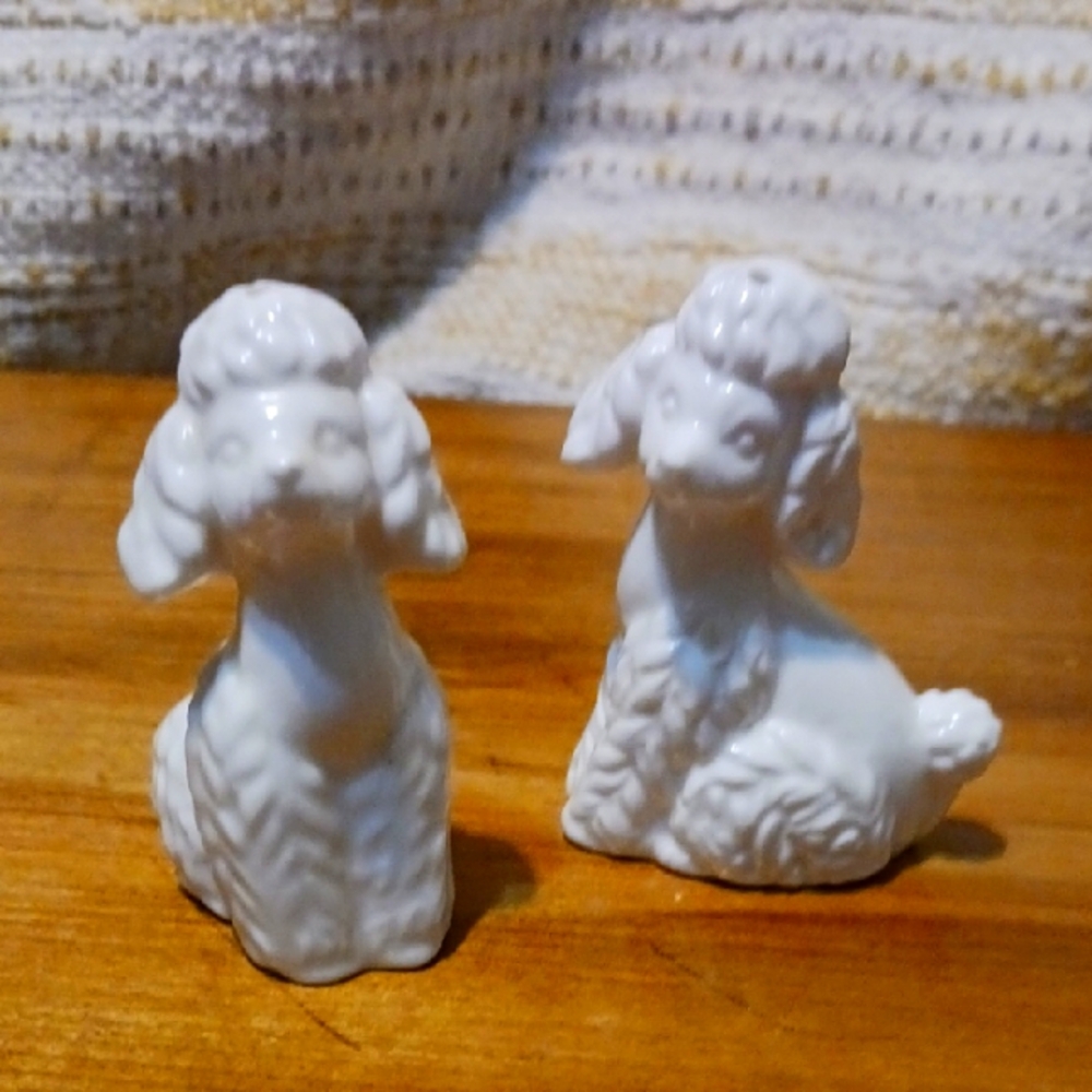 Salt & Pepper Shakers- White Poodles- Bone China w Stoppers- Vintage